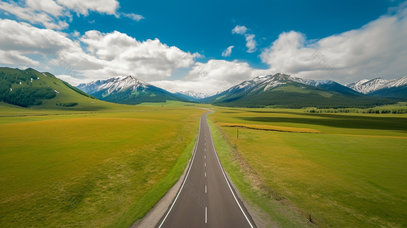 黄绿色的草原上有一条直通雪山山脉的沥青路,高清,摄影图,摄影图片,图片大全,摄影图免费下载